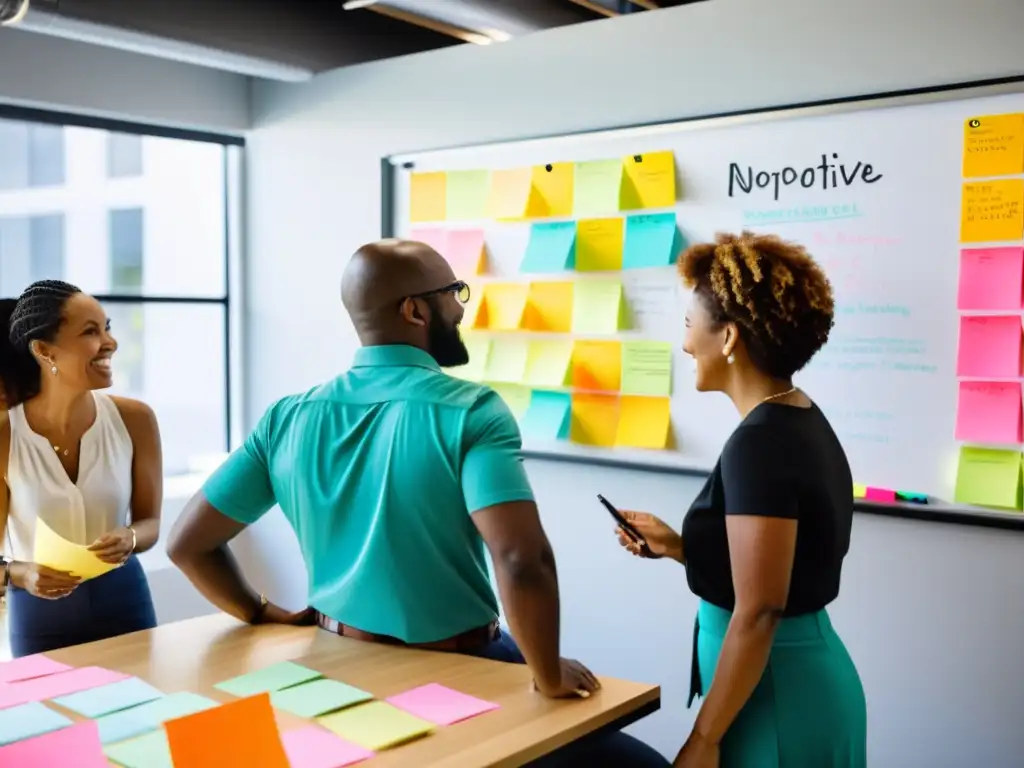 Equipo diverso en oficina colaborativa, brainstorming para guía emprendimientos sociales sin fines lucro