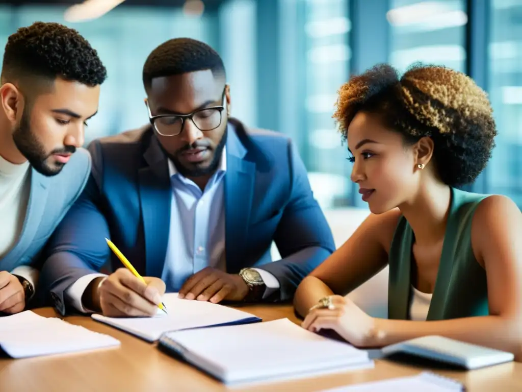 Un equipo diverso colabora con determinación en una oficina ocupada