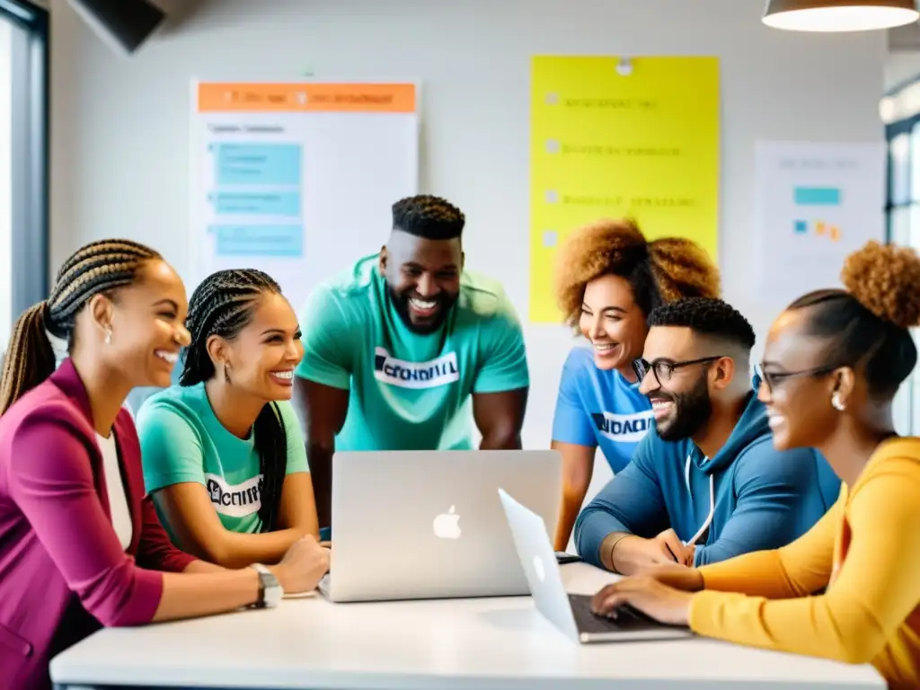 Un equipo diverso colabora en una oficina vibrante, mejorando la colaboración y el trabajo en equipo para una ONG