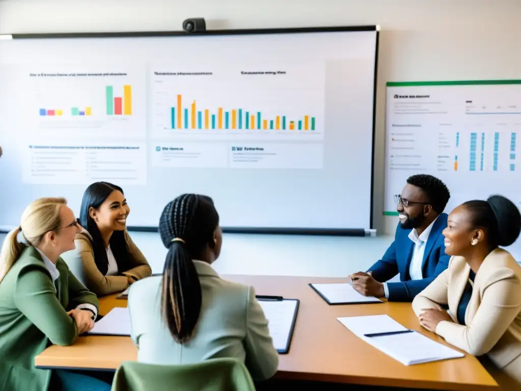 Equipo diverso de una ONG debatiendo estrategias con análisis de datos para ONGs, atmosfera de colaboración y determinación