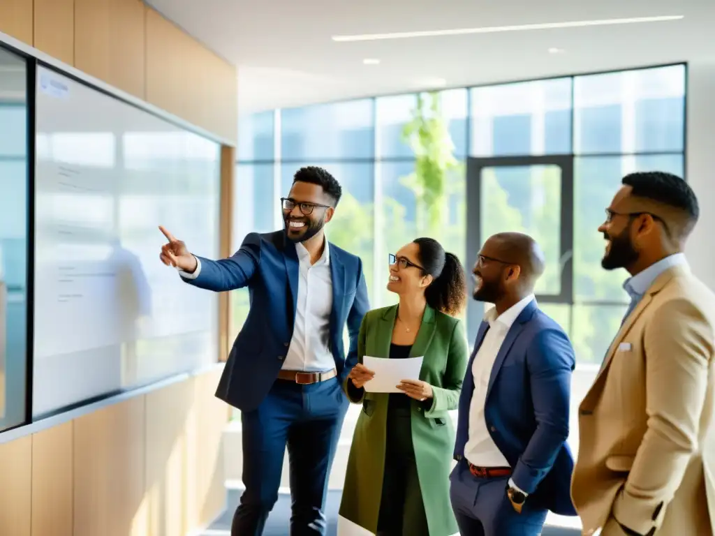 Un equipo diverso de una ONG colabora en proyectos innovadores en una oficina moderna y abierta