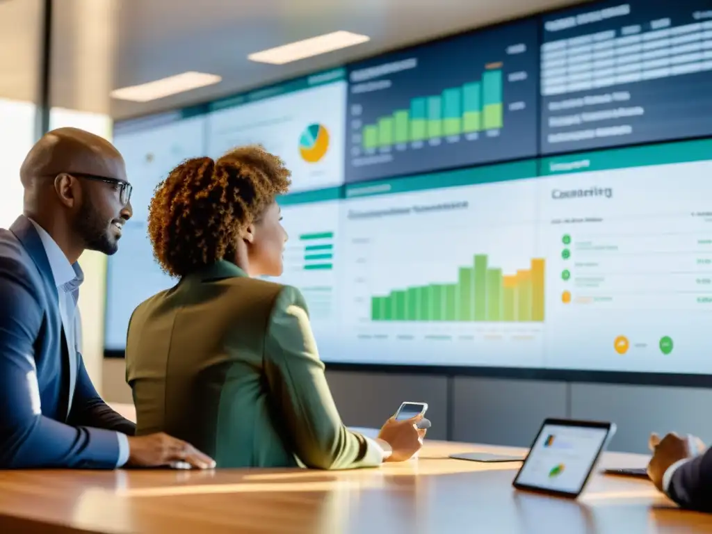 Un equipo diverso de una ONG implementando sistemas de monitoreo sostenibles en una oficina moderna y luminosa, analizando datos con dedicación