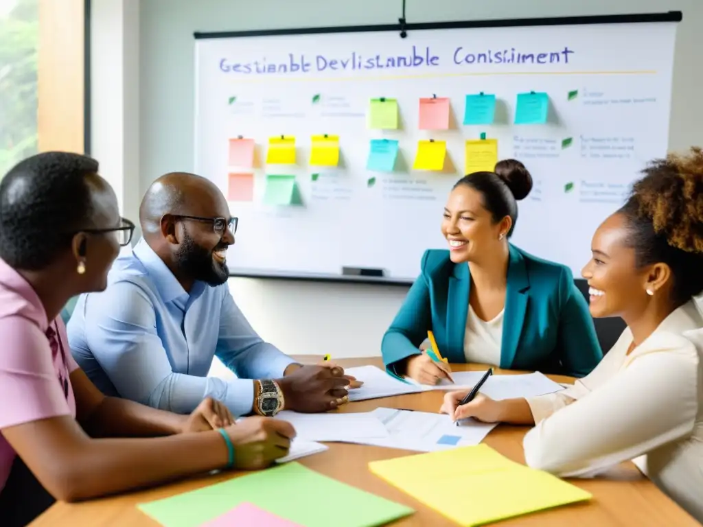 Equipo diverso de ONGs y consultores discuten ideas para objetivos de desarrollo sostenible en una sala llena de luz natural y creatividad