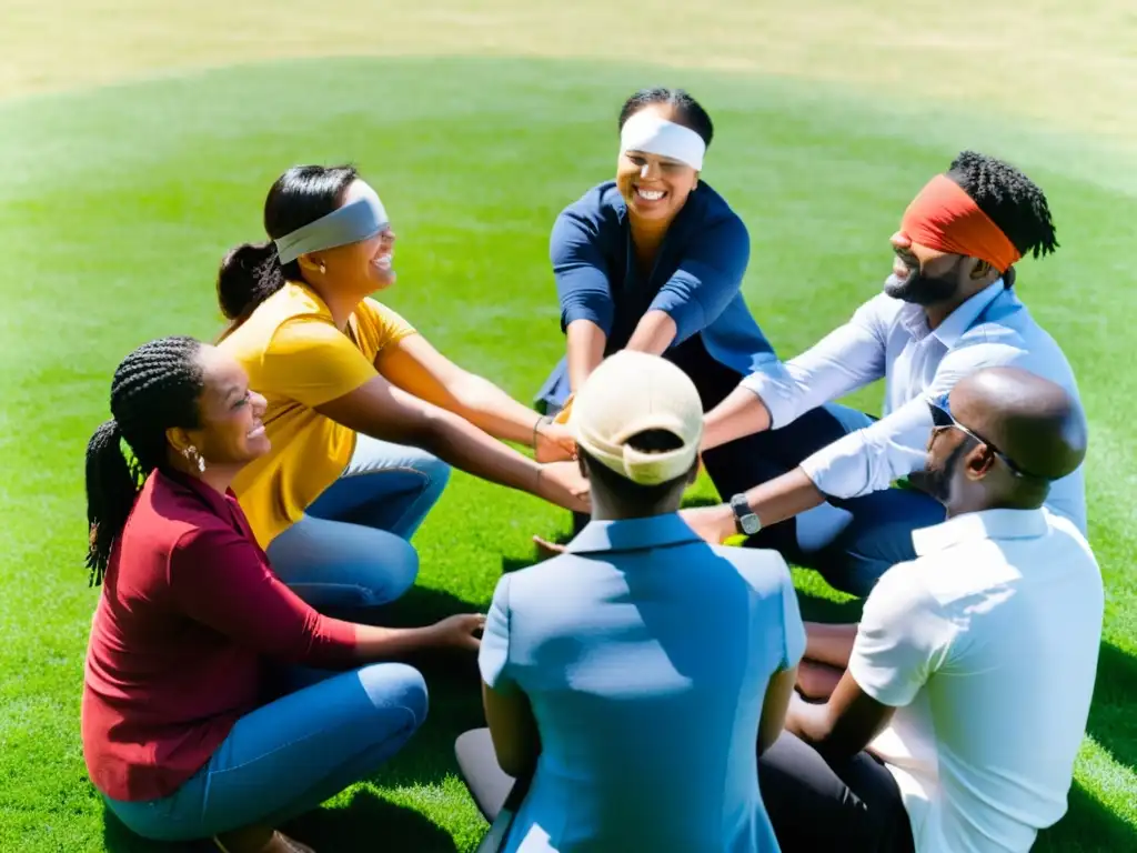 Un equipo diverso de ONGs fortalece su cultura organizacional con un ejercicio de confianza al aire libre bajo el sol brillante