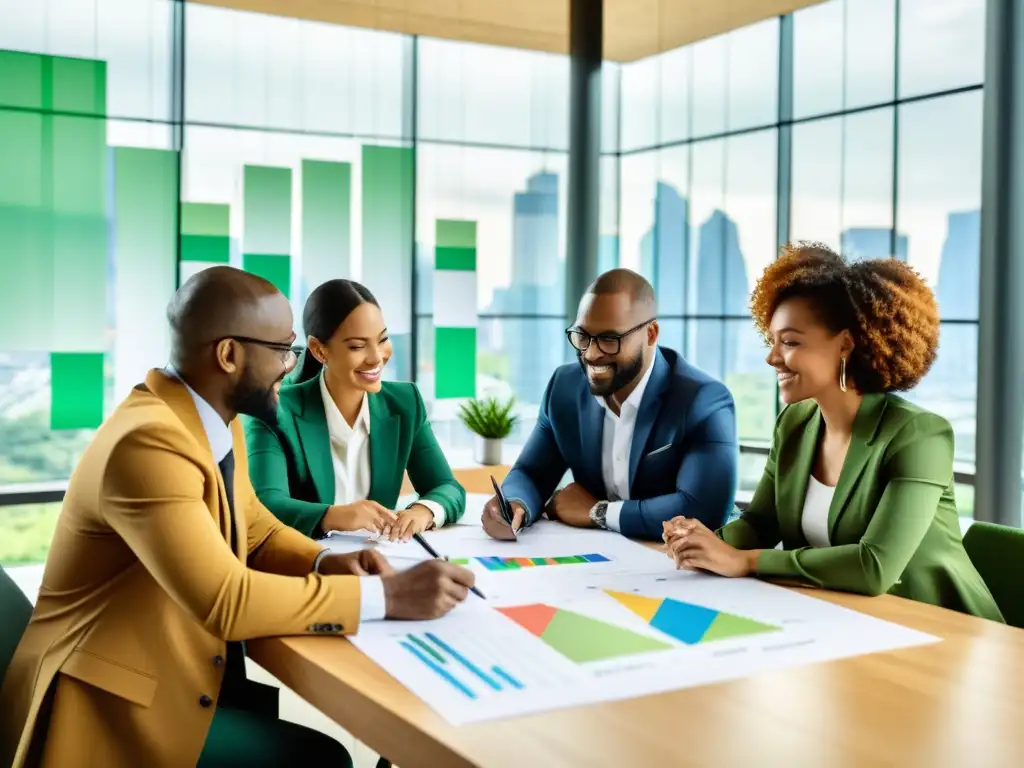 Equipo diverso de ONGs colaborando en estrategias para empresas sostenibles, en un ambiente productivo y enfocado