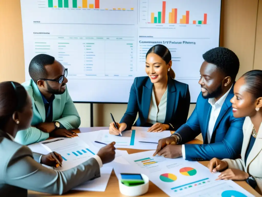 Equipo diverso de ONGs planificando estrategias financieras para proyectos de cooperación internacional