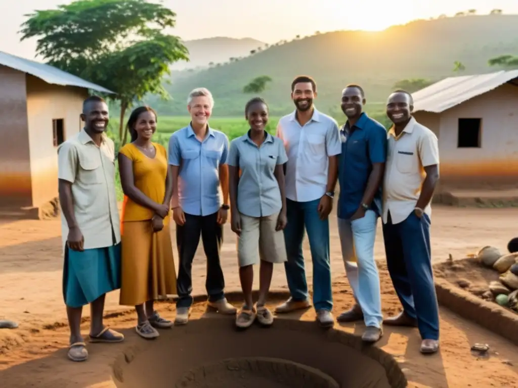 Equipo diverso de ONGs en cooperación internacional erradicando la pobreza, construyendo infraestructura sostenible al atardecer