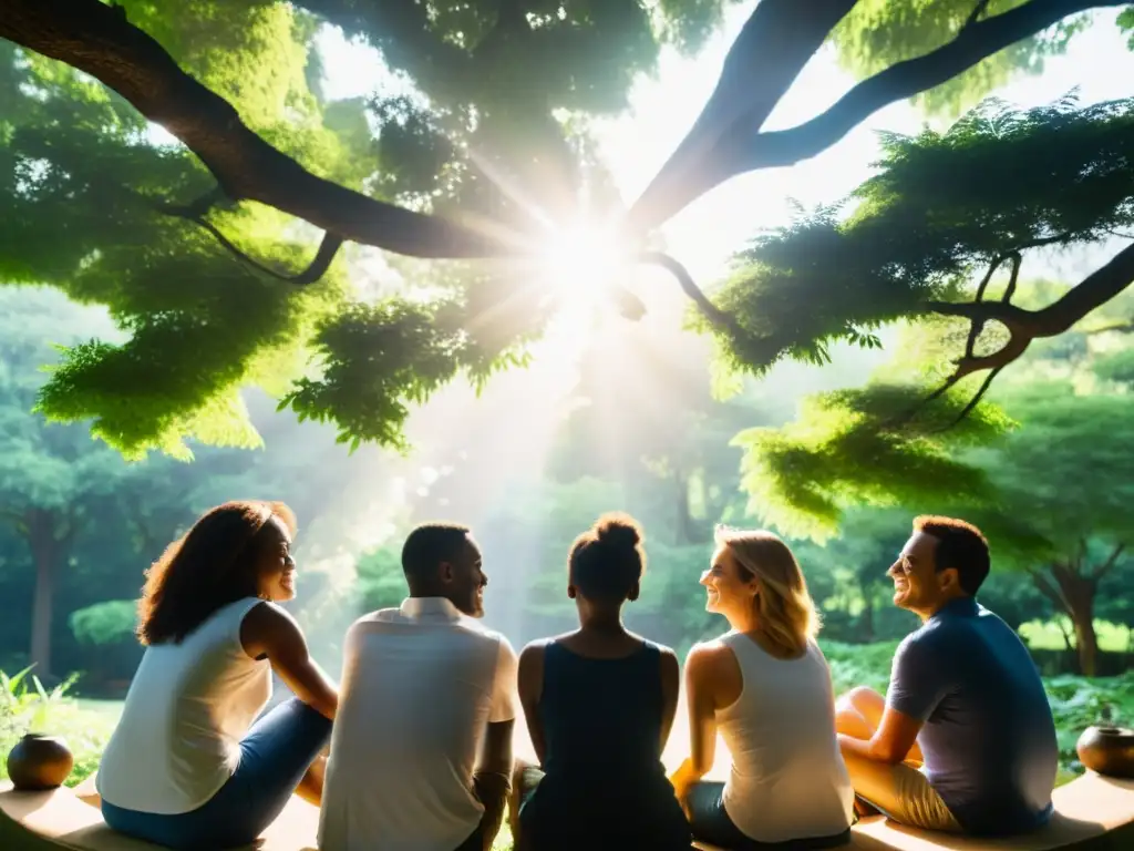 Equipo diverso de ONGs mejora equilibrio vida laboral en retiro rodeado de naturaleza y luz reconfortante