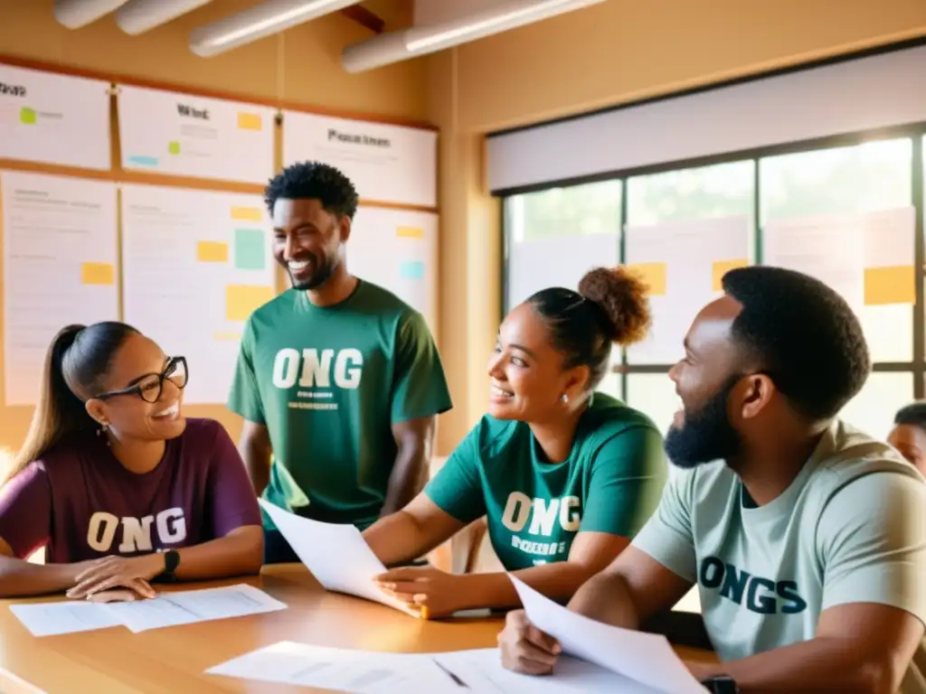 Equipo diverso de ONGs colaborando en una mesa, resplandecidos por la luz del sol, en una escena llena de compromiso y colaboración