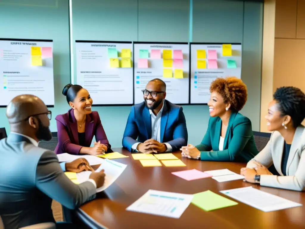 Equipo diverso debatiendo un plan estratégico efectivo para ONGs, en una sala llena de determinación y colaboración