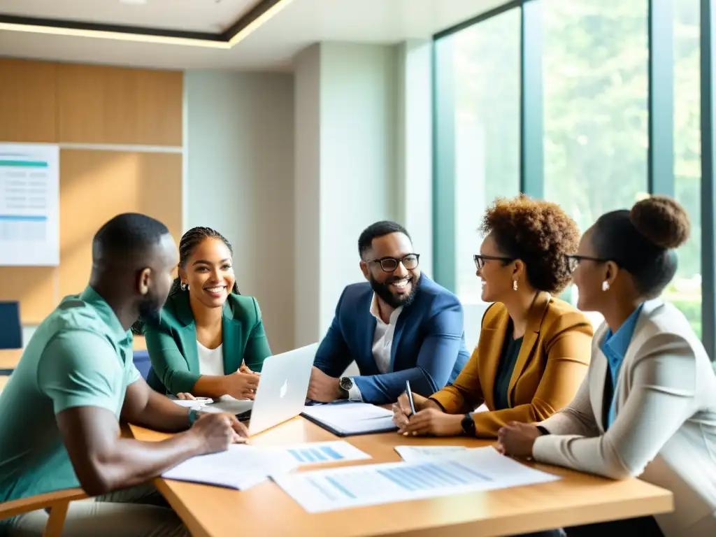 Planificación estratégica para ONG: equipo diverso colabora en reunión Equipo diverso elaborando presupuestos participativos en organizaciones sin fines de lucro, en sala luminosa y cálida