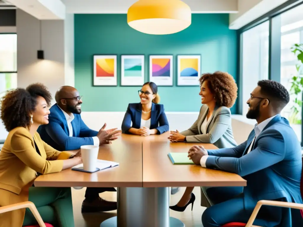 Un equipo diverso de profesionales participa en una animada reunión alrededor de una mesa de conferencias