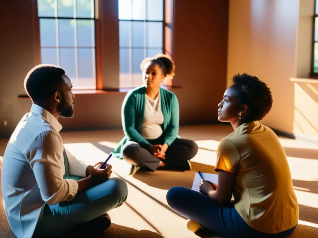 Equipo diverso de profesionales en círculo, brindando apoyo voluntariado en salud mental en un ambiente acogedor y motivador