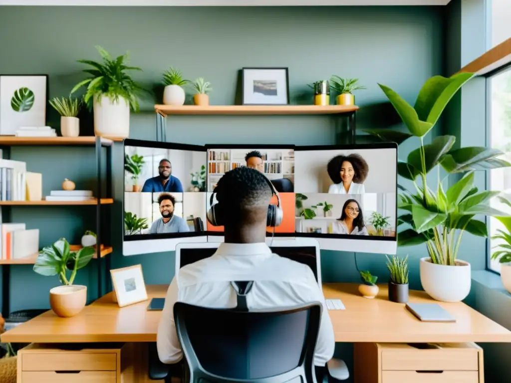 Un equipo diverso de profesionales trabajando desde sus hogares en una videoconferencia, reflejando sus personalidades en sus espacios de trabajo