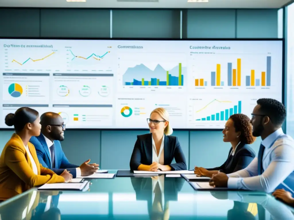 Un equipo diverso de profesionales se reúne alrededor de una mesa de conferencias, analizando datos y gráficos en pantalla