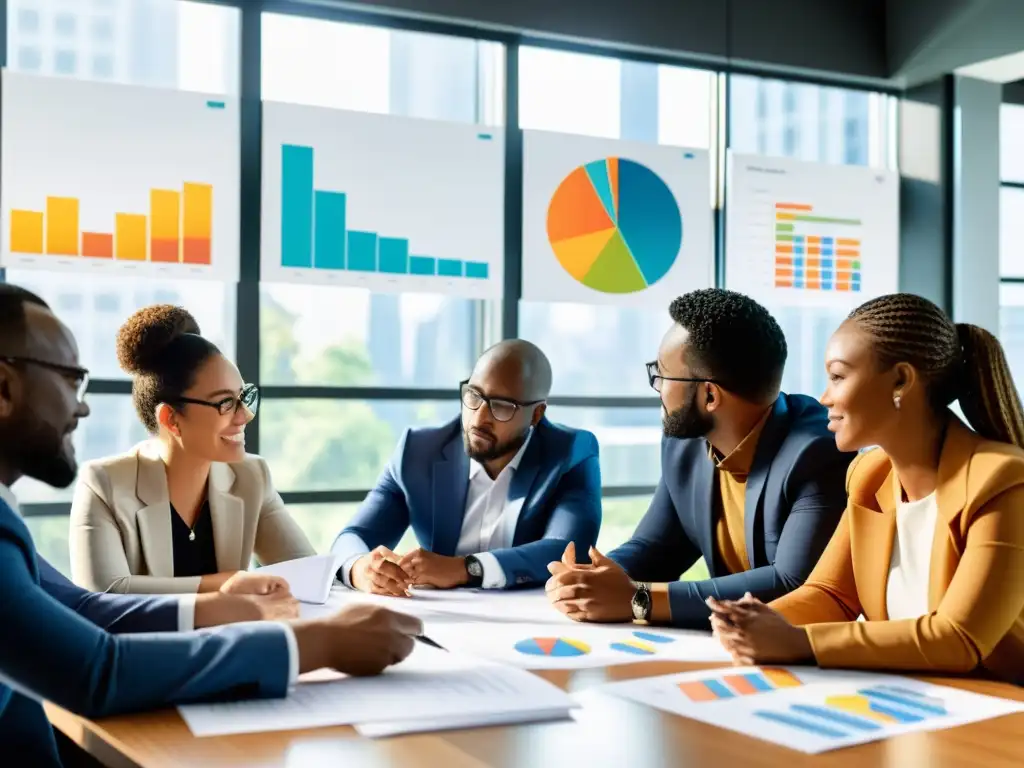 Un equipo diverso de profesionales en una sesión de lluvia de ideas, colaborando con determinación