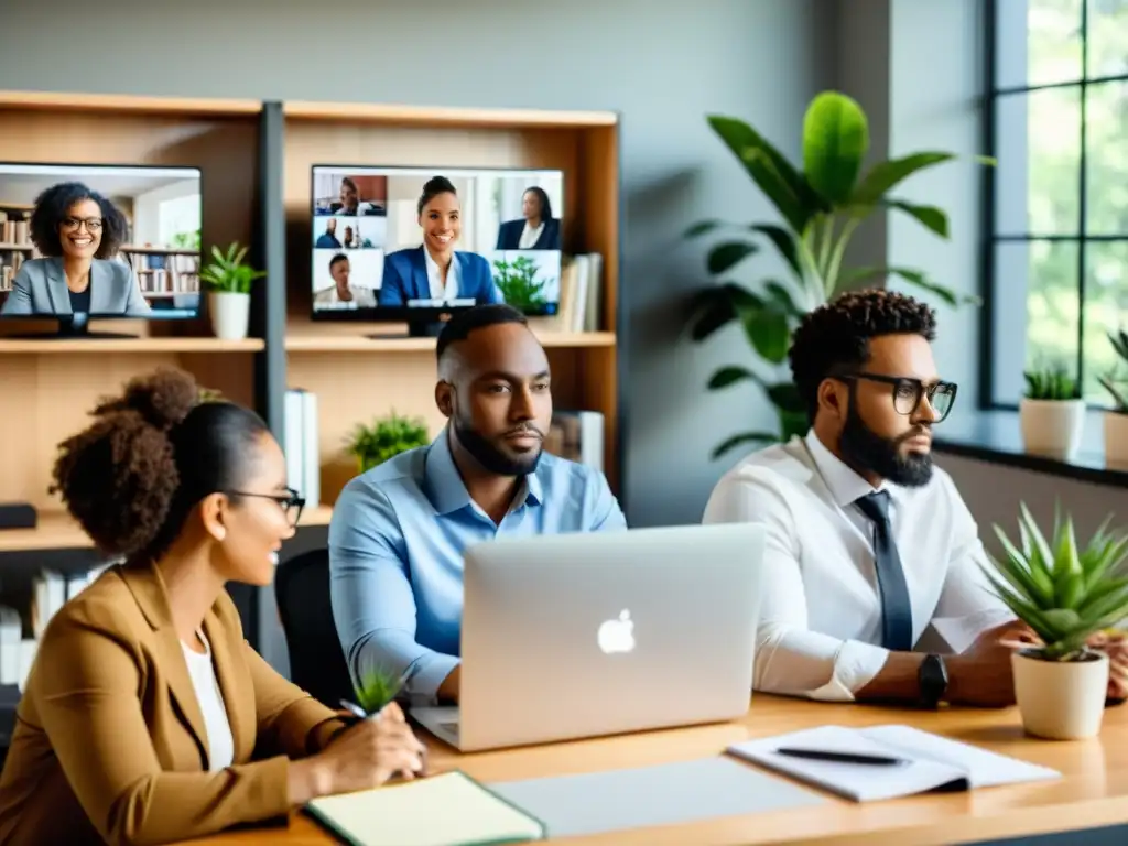 Un equipo diverso de profesionales se reúne en una videoconferencia desde sus hogares, utilizando herramientas de trabajo remoto para una ONG