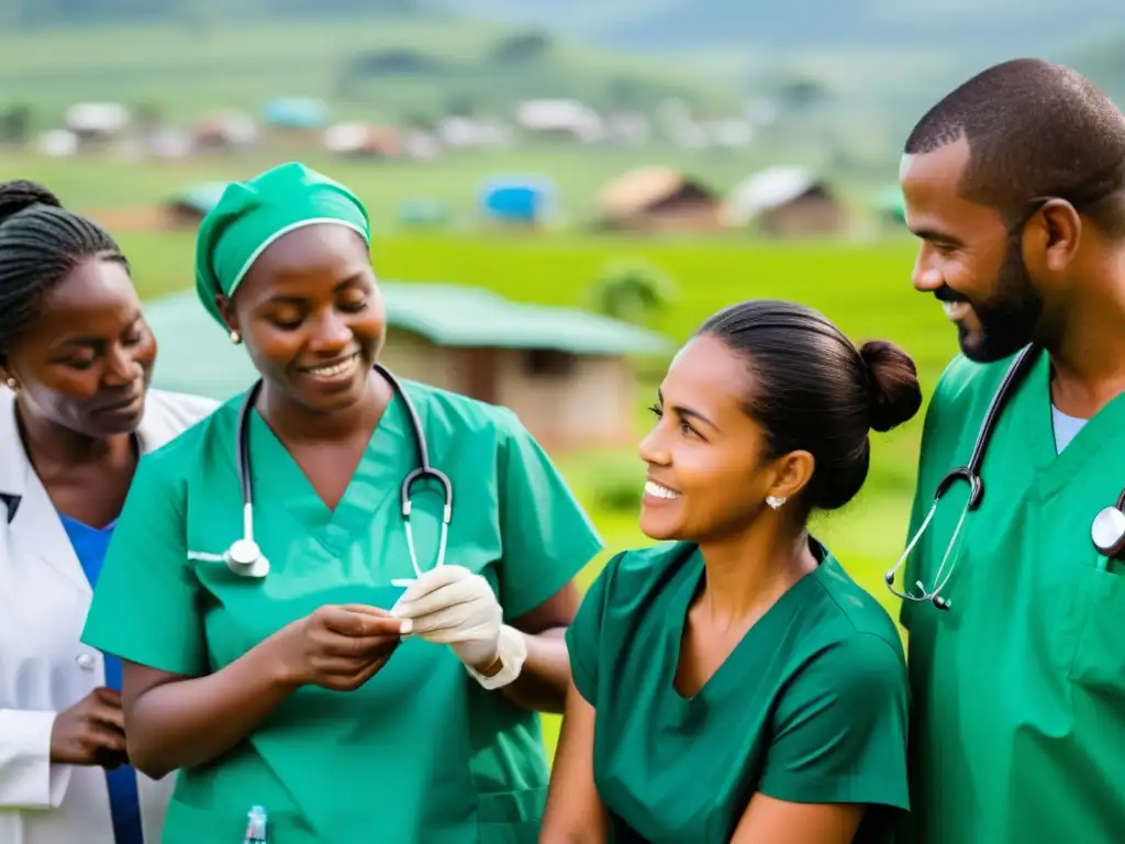 Un equipo diverso de profesionales y voluntarios de la salud brindando atención médica y apoyo a una comunidad rural