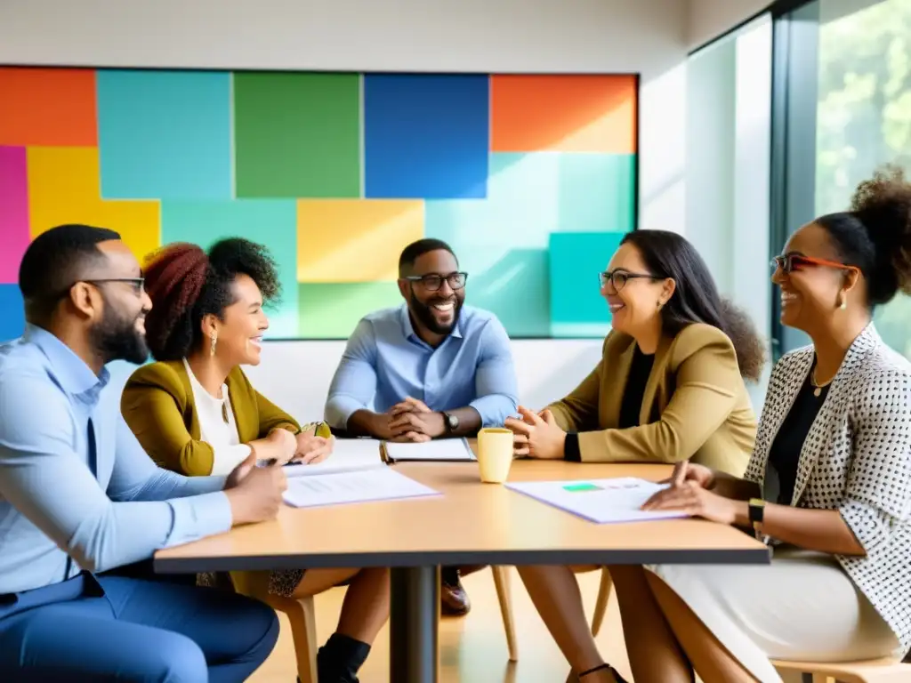 Equipo diverso de gestión proyectos inclusivos ONG colaborando y discutiendo estrategias inclusivas con pasión y energía genuina