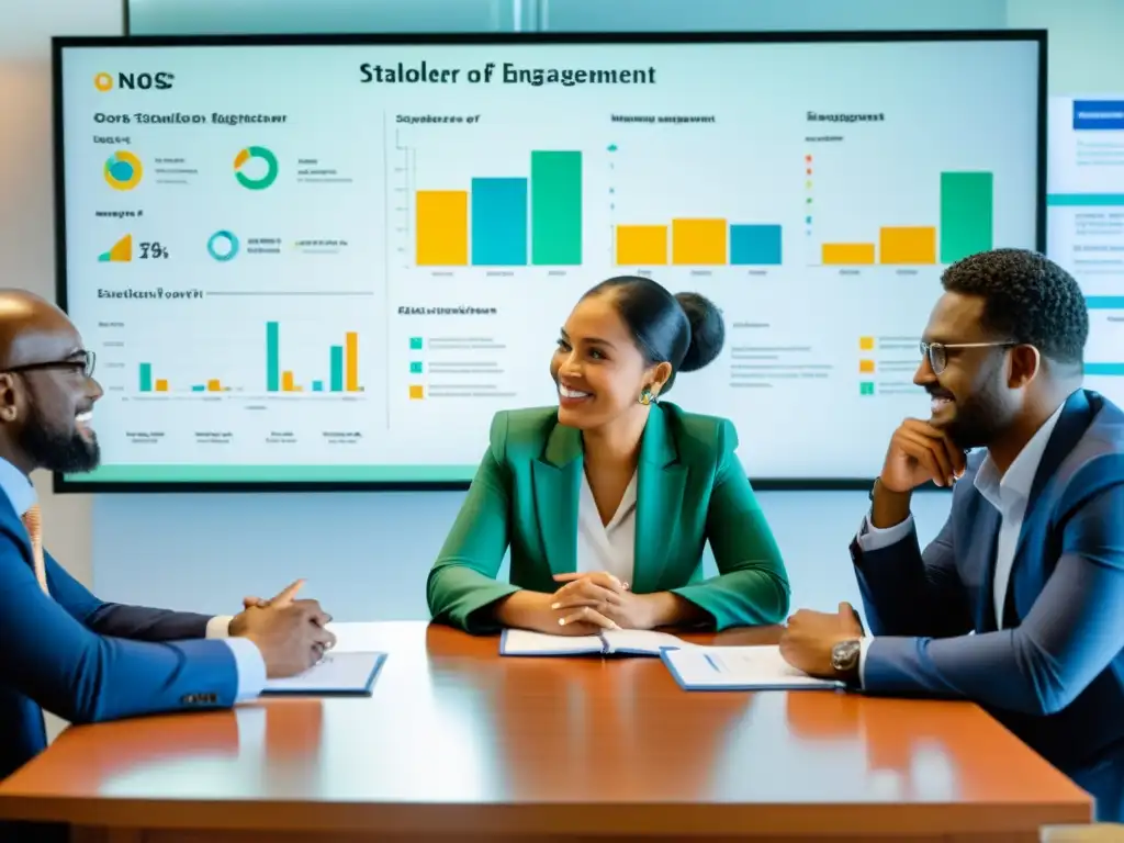 Equipo diverso en reunión, colaborando y determinados, con gráficos de gestión de stakeholders en pantalla