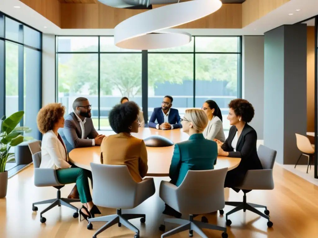 Equipo diverso en reunión de gestión proyectos inclusivos ONG, colaborando en oficina moderna y luminosa