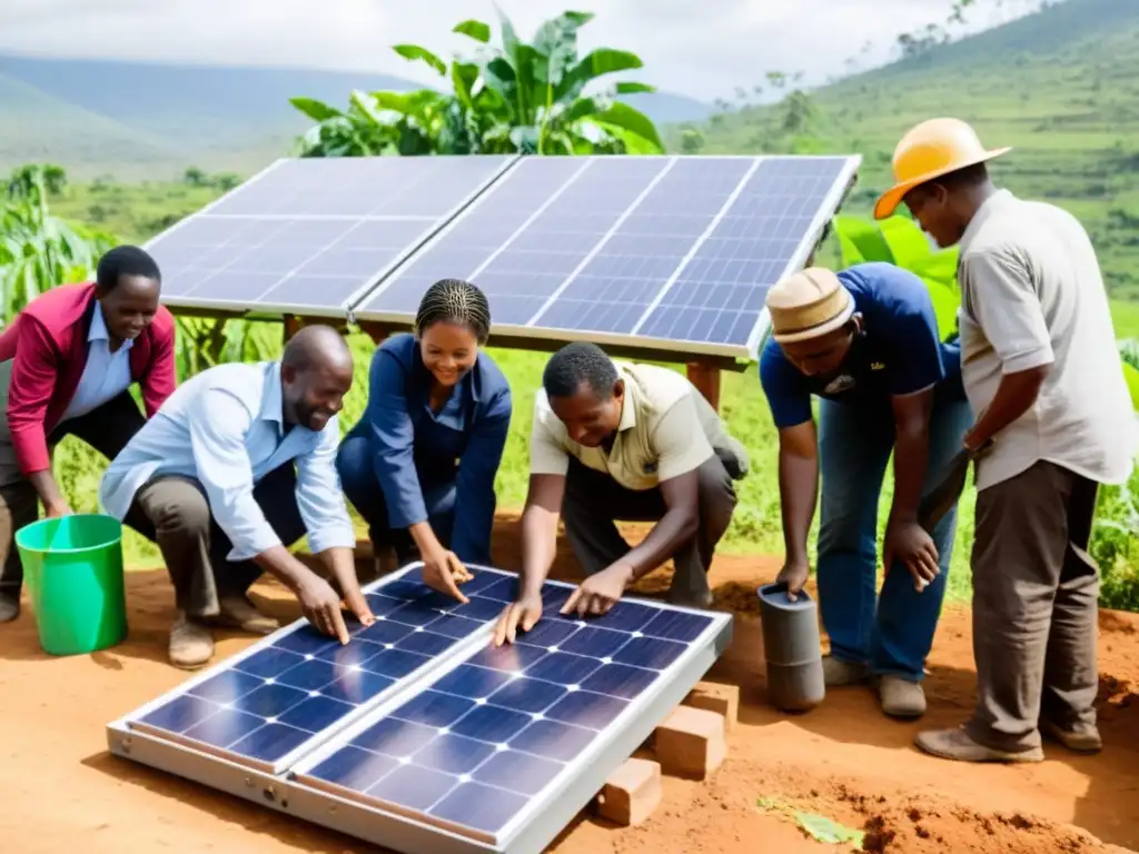 Un equipo diverso construye sistemas solares y de purificación de agua en una comunidad rural, demostrando estrategias para financiamiento ONGs