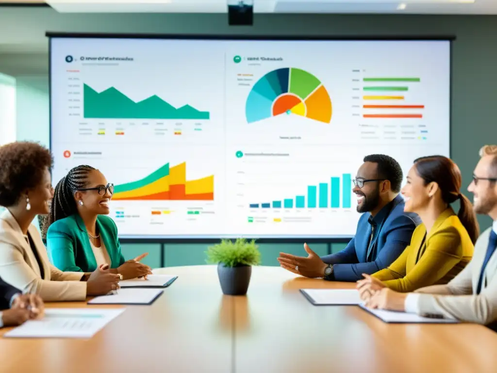 Un equipo diverso discute animadamente en torno a una mesa de conferencias, con gráficos coloridos en pantalla