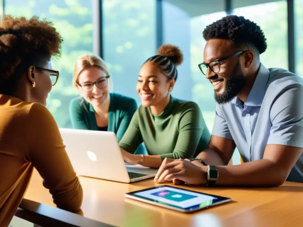 Un equipo diverso de trabajadores sin fines de lucro colabora en estrategias digitales, adaptándose a la era tecnológica