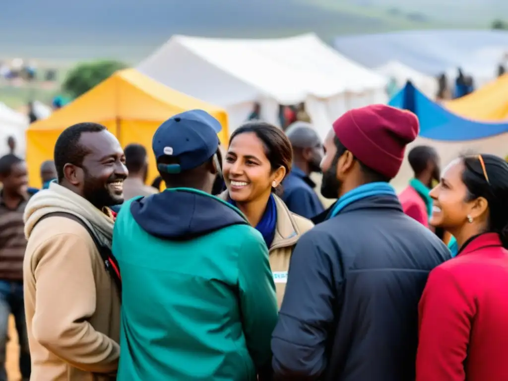 Un equipo diverso de trabajadores humanitarios muestra resiliencia y unidad en un campamento de refugiados