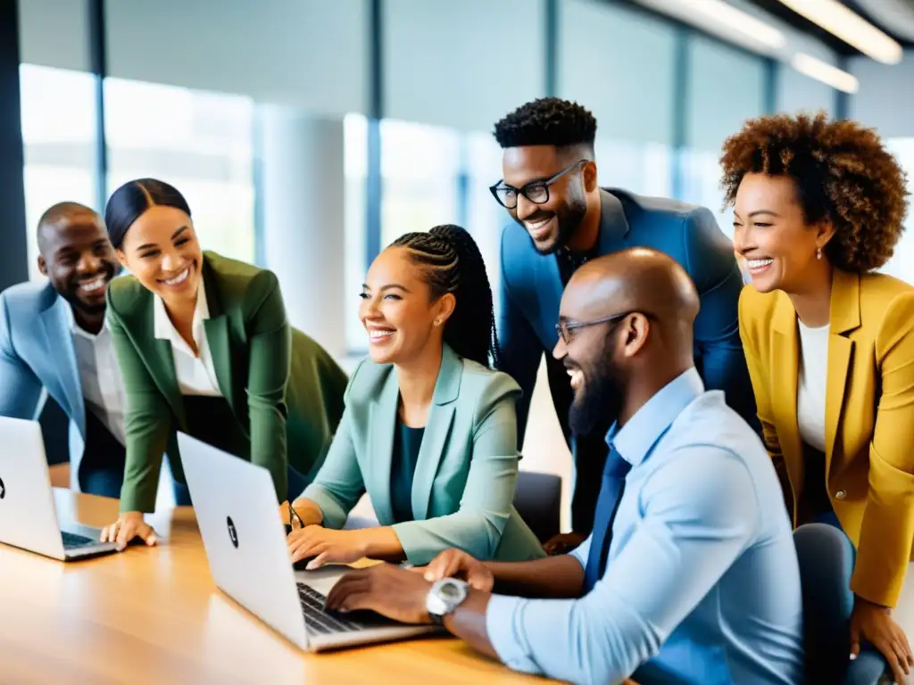 Un equipo diverso de trabajadores de ONGs sin fines de lucro colaborando y participando en un LMS en una oficina moderna y luminosa