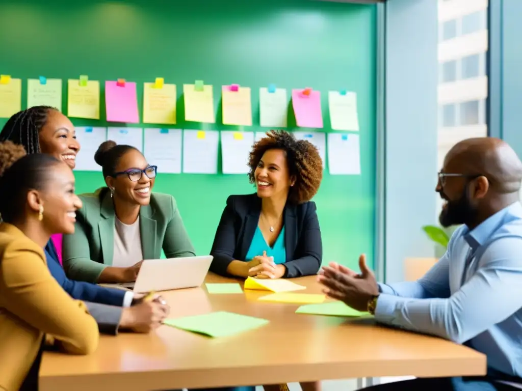 Un equipo diverso de trabajadores de ONGs colaborando en una animada discusión, reflejando inclusividad y trabajo en equipo