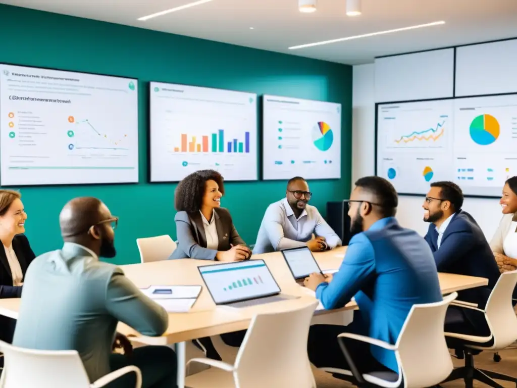 Reunión dinámica sobre implementación de IA en ONGs Un equipo diverso de trabajadores de ONGs discute animadamente la implementación de IA en una sala iluminada