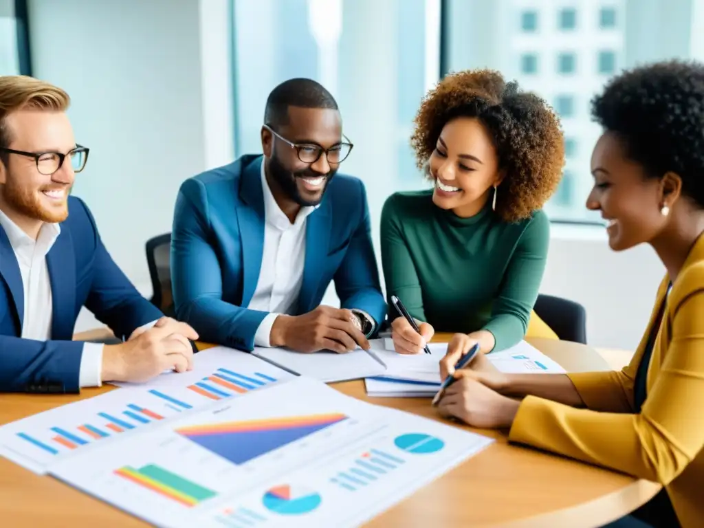 Equipo diverso de voluntarios y asesores financieros colaborando en estrategias financieras para ONGs