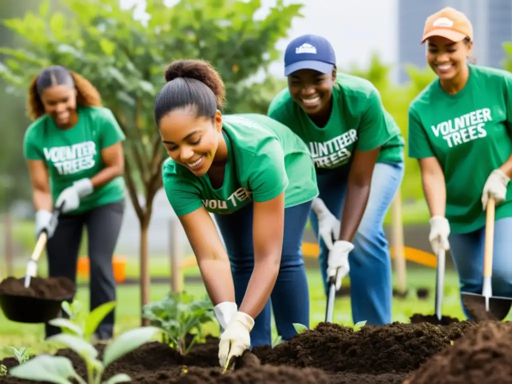 Un equipo diverso de voluntarios corporativos planta árboles en un jardín comunitario, mostrando integración del voluntariado corporativo