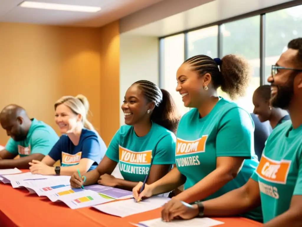 Un equipo diverso de voluntarios se reúne con entusiasmo alrededor de una mesa llena de materiales de campaña