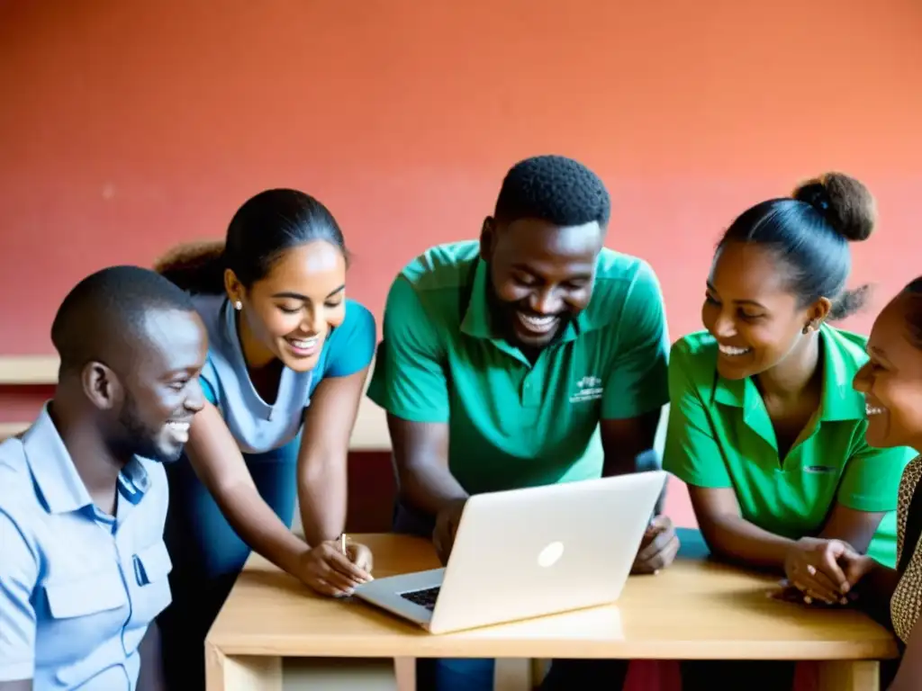 Equipo diverso de voluntarios usando herramientas online para medir el impacto de su trabajo con una ONG, en una oficina moderna y luminosa