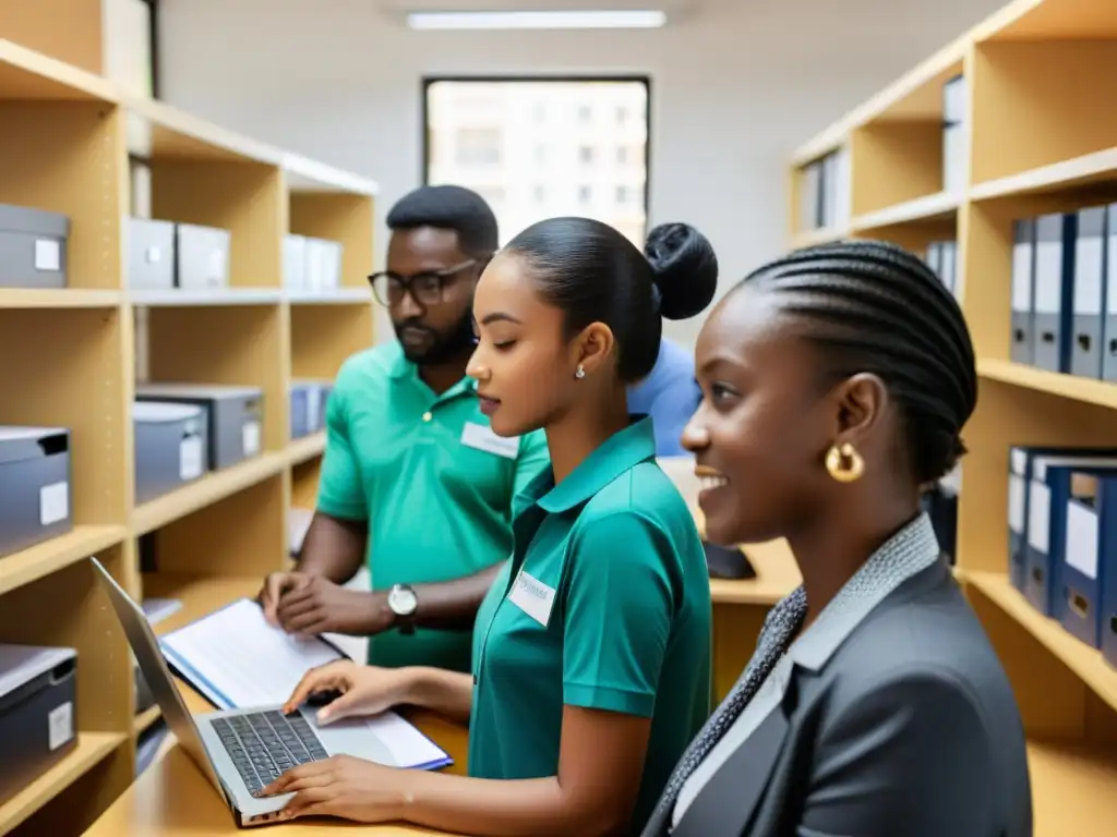 Un equipo diverso de voluntarios en una oficina de ONG trabajando juntos en un sistema CRM