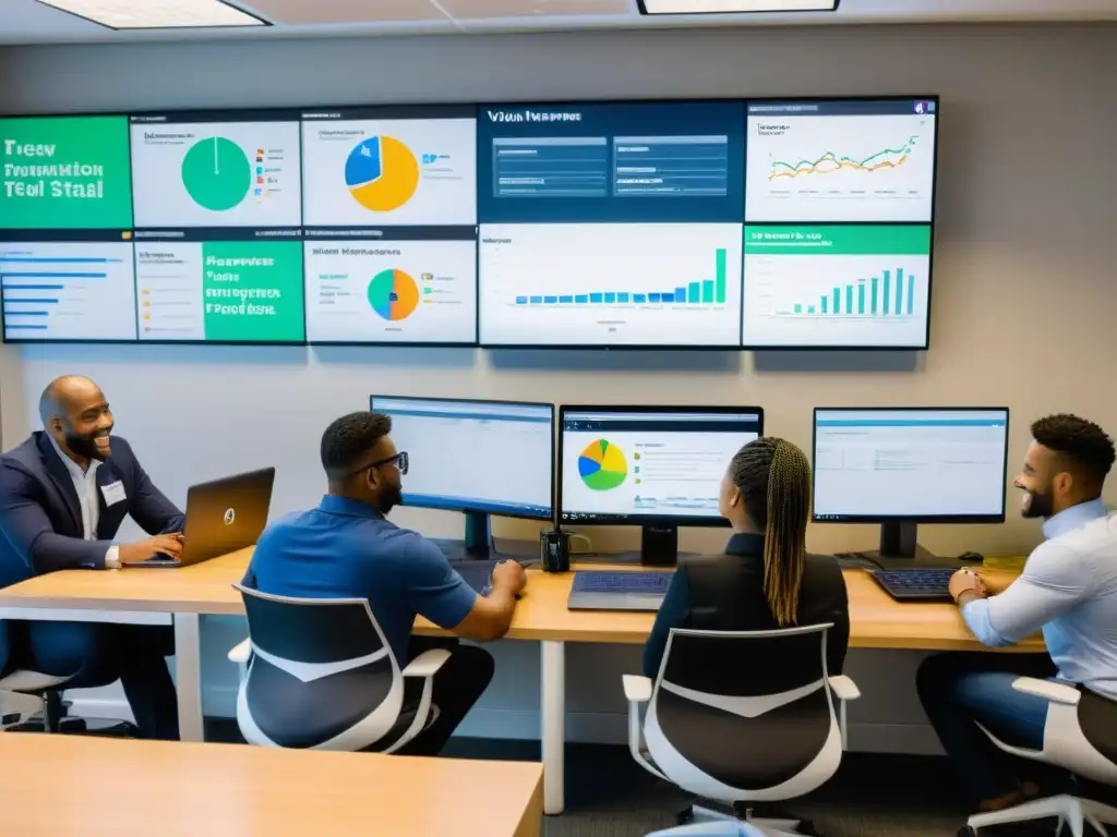 Voluntarios colaborando en una oficina tecnológica Un equipo diverso de voluntarios colabora en una oficina moderna, utilizando herramientas digitales para ONG 2023