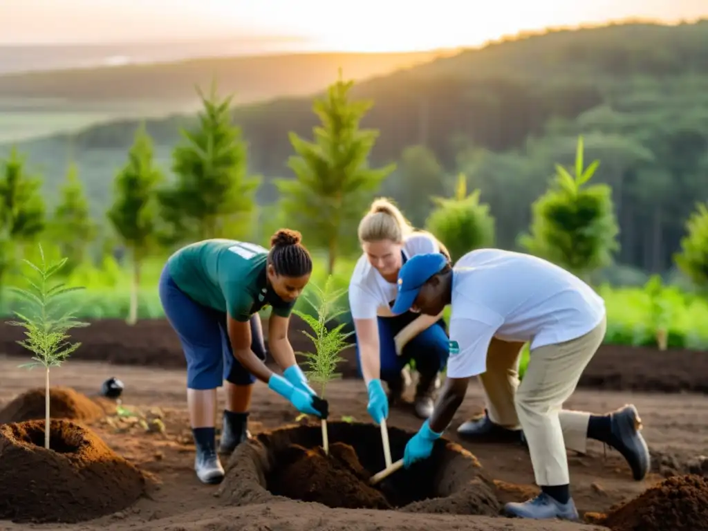 Equipo diverso de voluntarios y personal trabajando juntos en proyecto de reforestación al atardecer