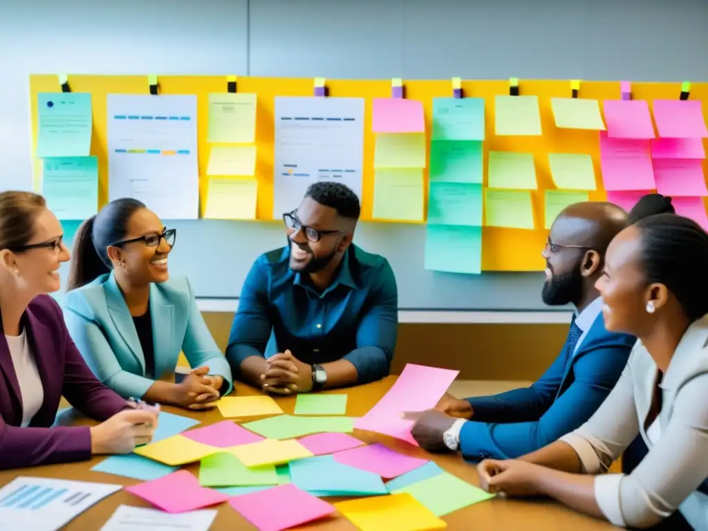 Equipo diverso de voluntarios y profesionales discuten estrategias para innovación en proyectos sociales ONG, rodeados de gráficos y notas de colores