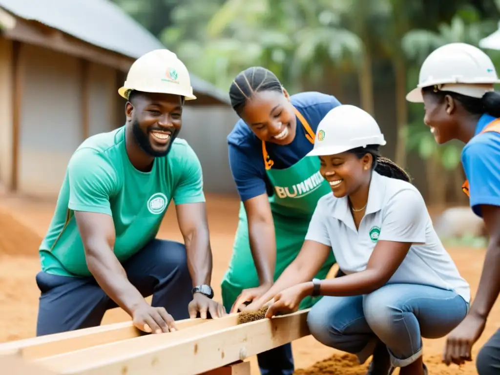 Un equipo diverso de voluntarios colabora en un proyecto comunitario, promoviendo el desarrollo sostenible y la participación