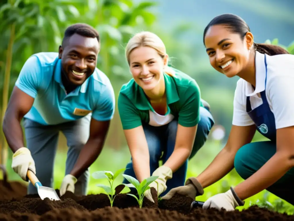 Equipo diverso de voluntarios sonrientes plantando árboles en un proyecto de reforestación sostenible, mostrando su compromiso con estrategias de recaudación para ONGs