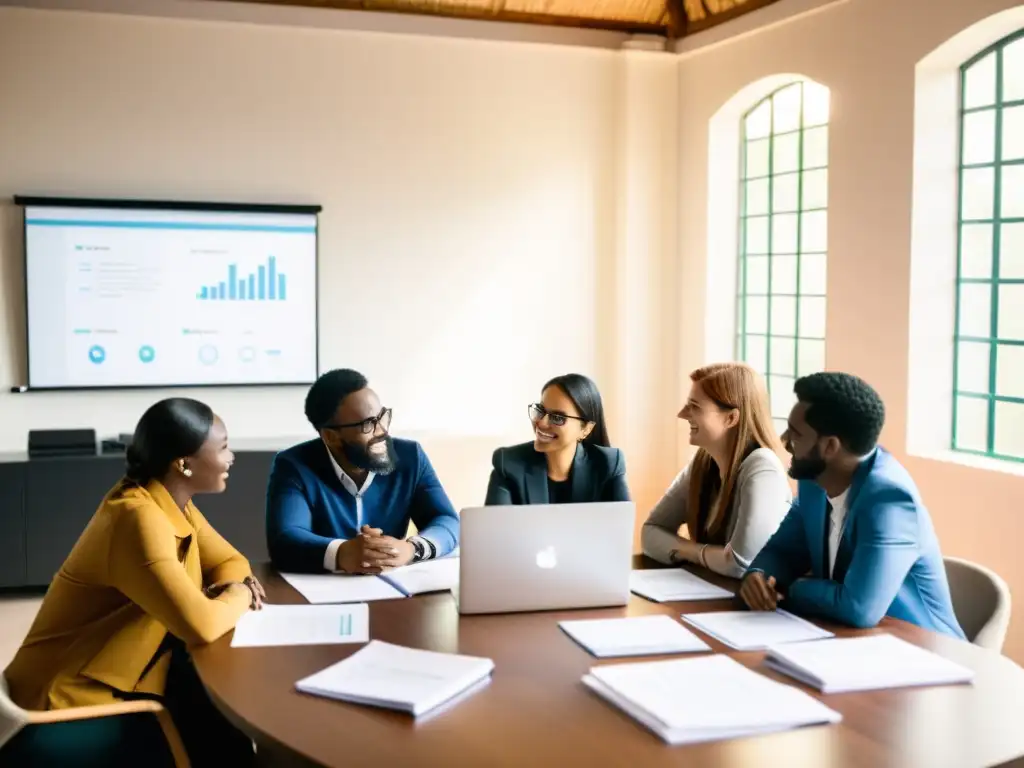 Reunión estratégica para implementar CRM en ONG Equipo de ONG implementa CRM para gestión de donantes en una atmósfera cálida y colaborativa