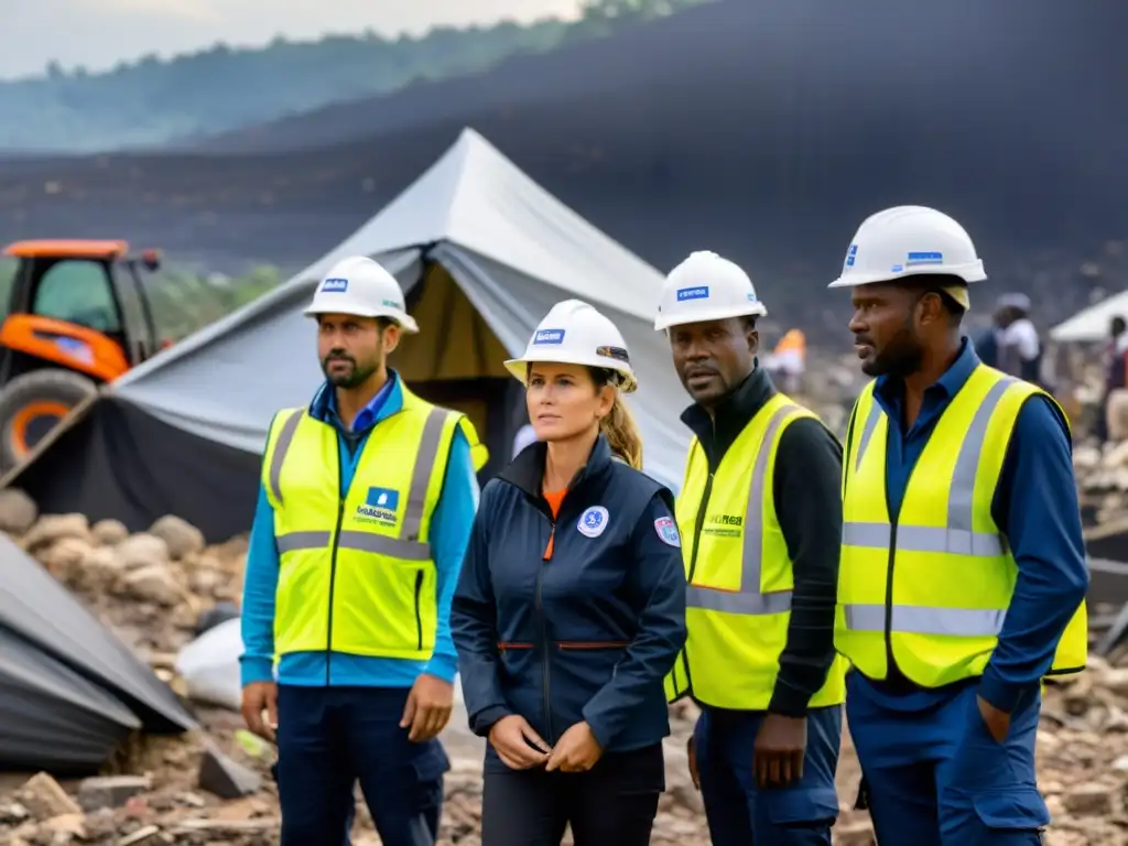 Equipo de ONG evaluando emergencia con determinación, rodeados de escombros