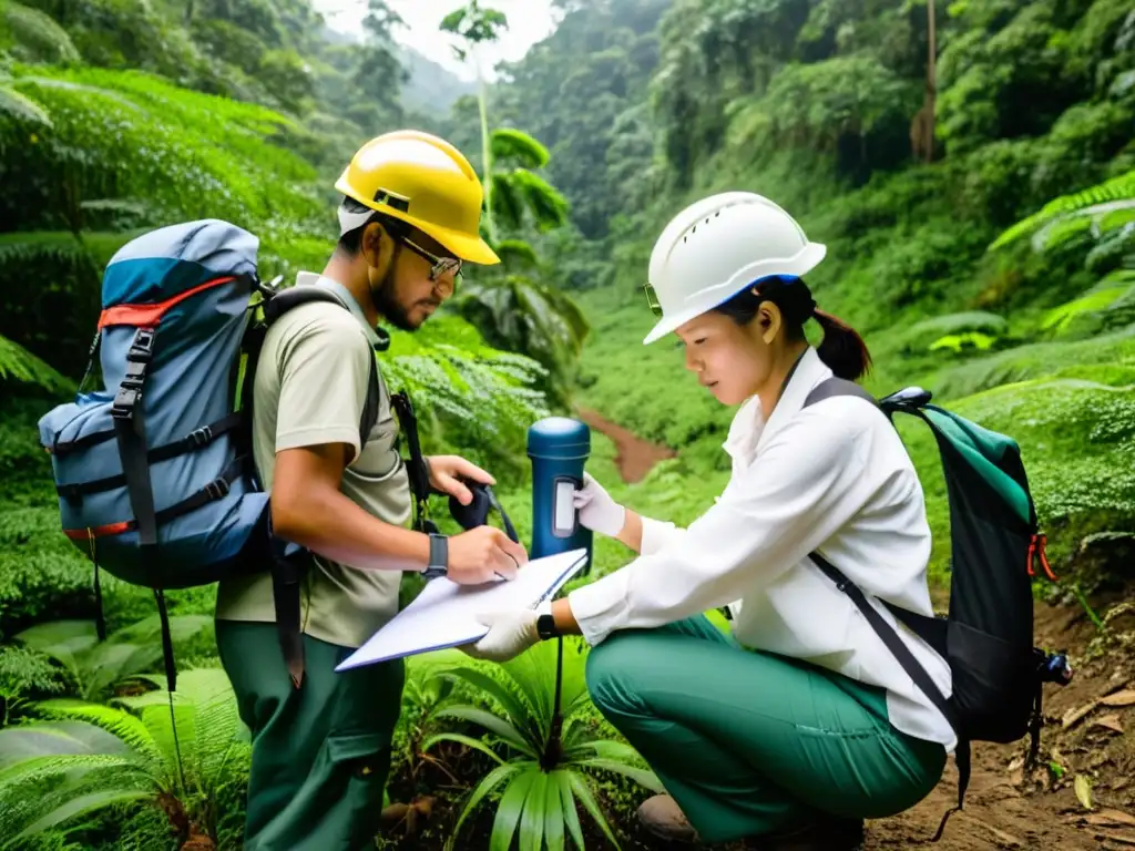 Equipo de ONG realiza estudio detallado en un bosque biodiverso, recolectando datos para certificaciones ambientales para ONGs