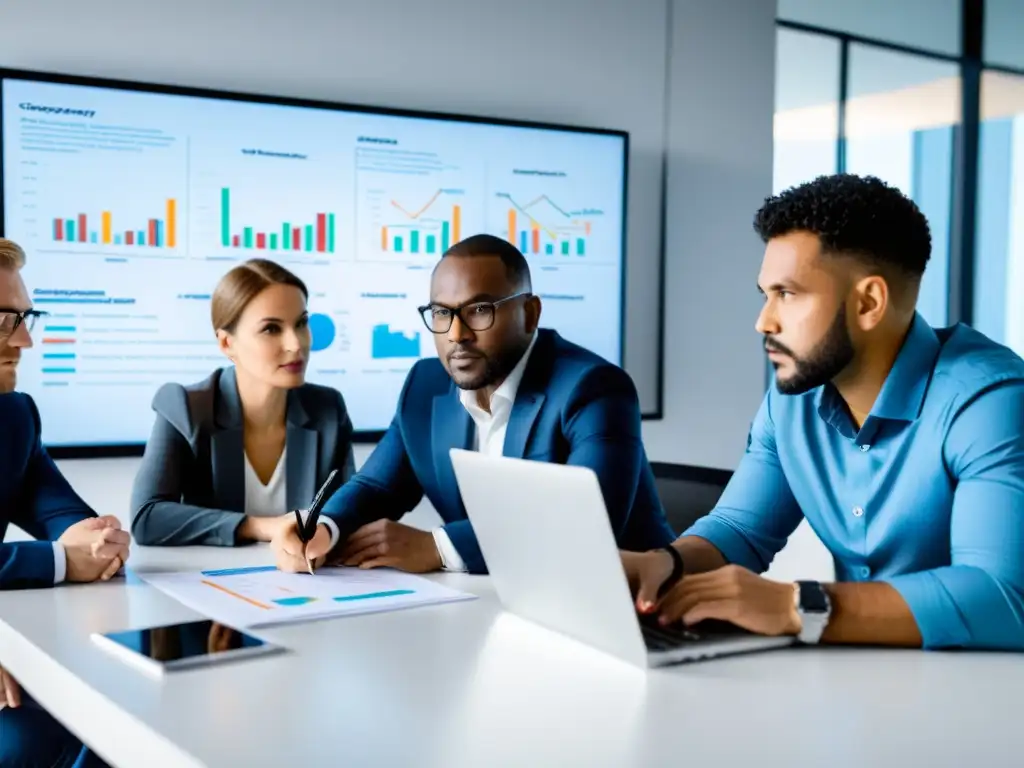 Equipo de expertos en ciberseguridad discutiendo estrategias para proteger ONGs de ciberataques en una oficina iluminada