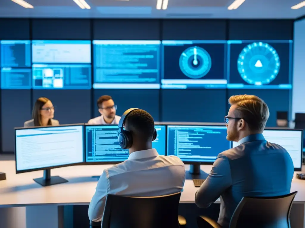 Un equipo de expertos en ciberseguridad para ONGs colabora intensamente en una oficina moderna, protegiendo la información sensible