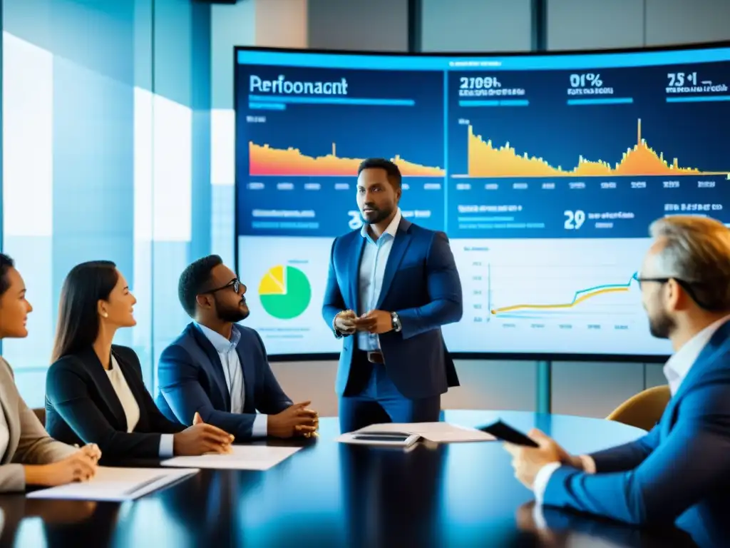 Equipo de expertos financieros analizando estrategias de gestión de riesgos financieros para ONGs en una sala de juntas, irradiando competencia y determinación