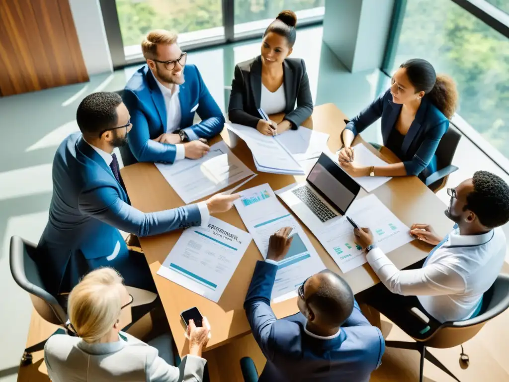 Un equipo de expertos financieros y miembros de ONG revisa documentos y discute estrategias en una sala de conferencias luminosa y transparente