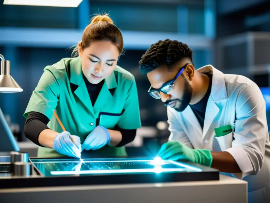 Equipo de ingenieros ambientales y expertos en tecnología desarrollando herramientas tecnológicas para ONGs ecológicas en un laboratorio moderno y bien iluminado, reflejando determinación y propósito